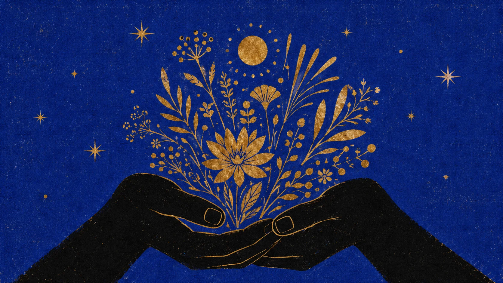 Vue rapprochée de deux mains en silhouette noire tenant délicatement un petit bouquet de motifs organiques dorés, fond bleu cobalt profond