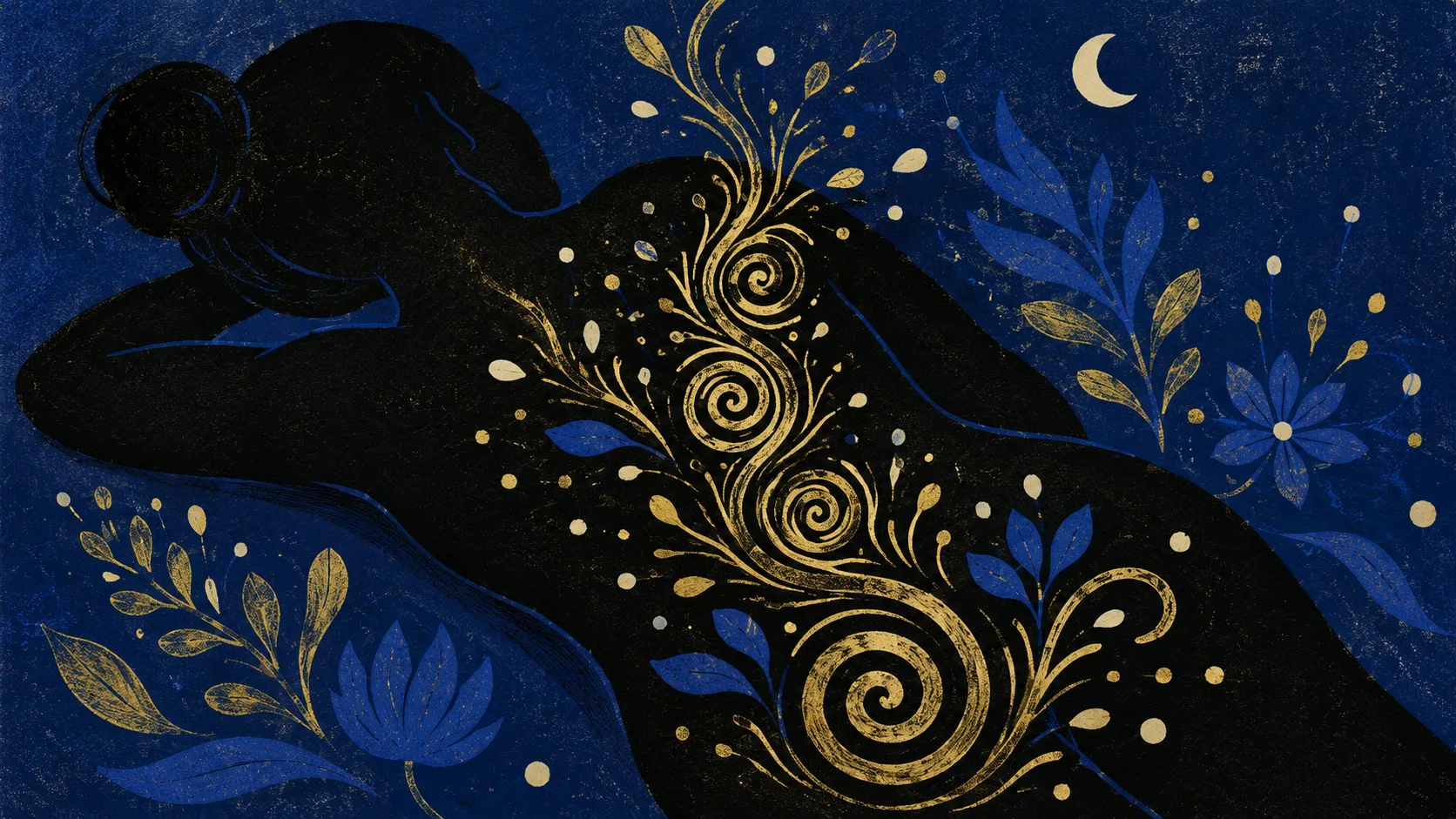 Vue rapprochée d'une silhouette allongée entourée de motifs organiques dorés en spirale évoquant une énergie ascendante, fond bleu nuit profond