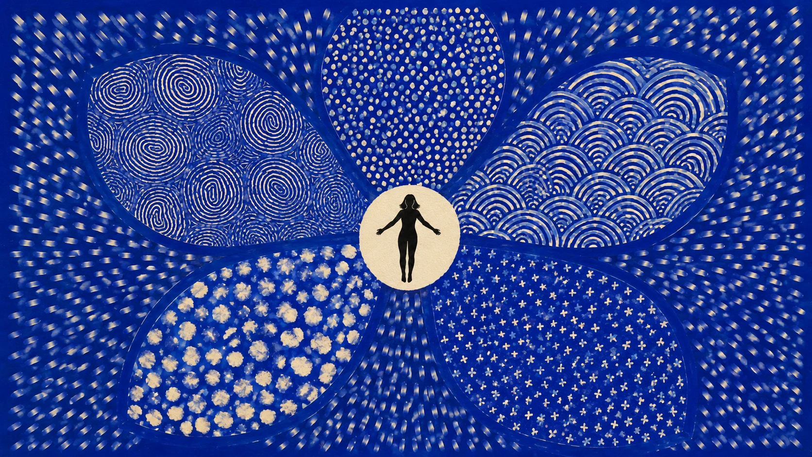 Vue de dessus des cinq domaines de la croissance post-traumatique, illustration en art naïf cobalt et crème