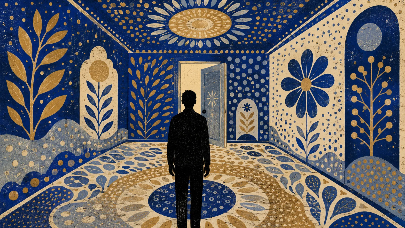 Vue de dos d'une silhouette debout au centre d'une pièce dont les murs se déploient en motifs organiques dorés et bleus, une porte de lumière entrouverte au loin
