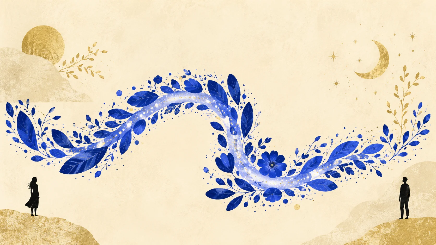 Deux silhouettes reliées par un chemin lumineux traversant un champ de motifs organiques cobalt, représentant la transformation relationnelle après une OBE