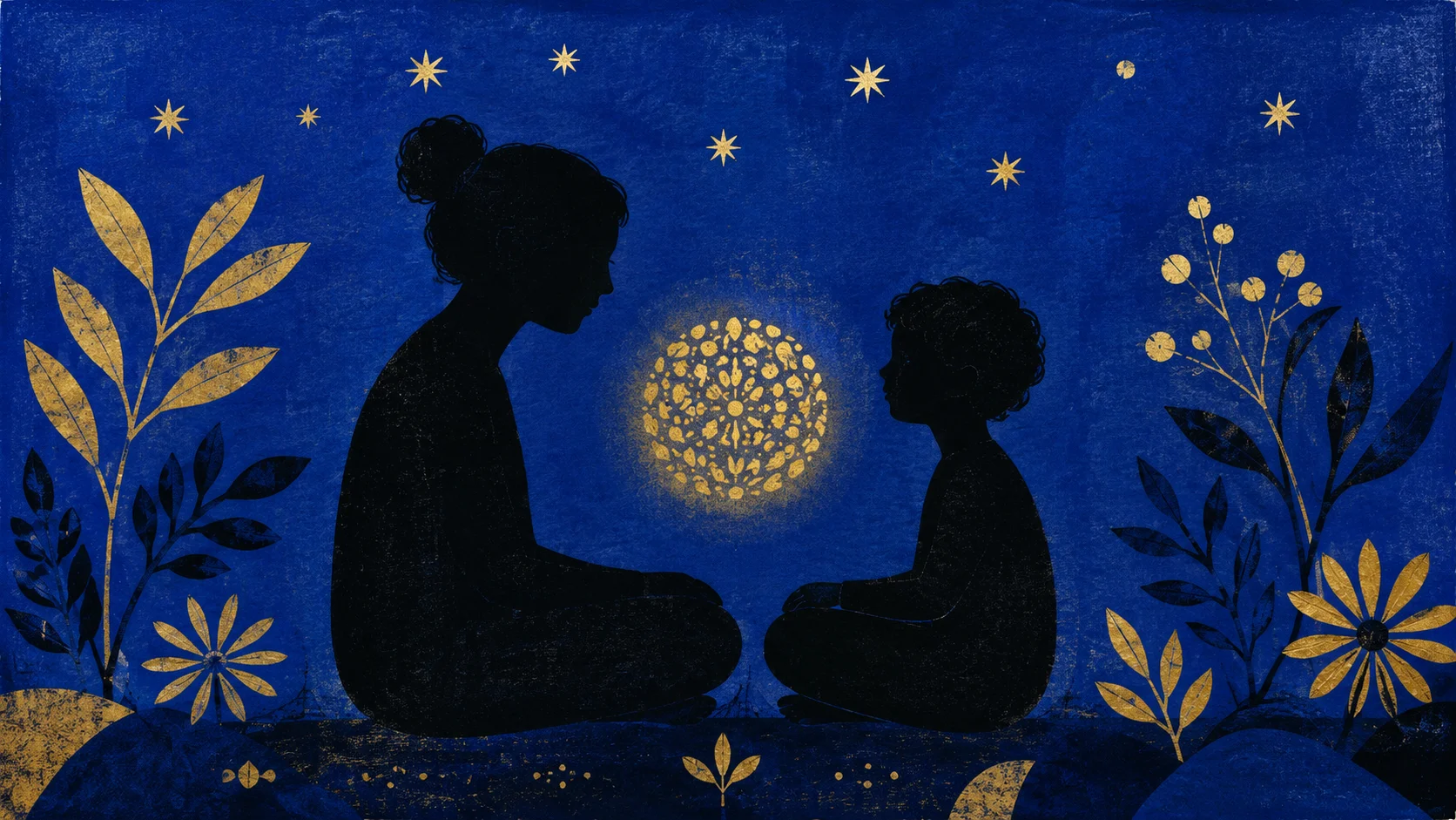 Silhouette d'un adulte et d'un enfant assis face à face, un petit cercle de motifs organiques dorés flottant entre eux, fond bleu cobalt