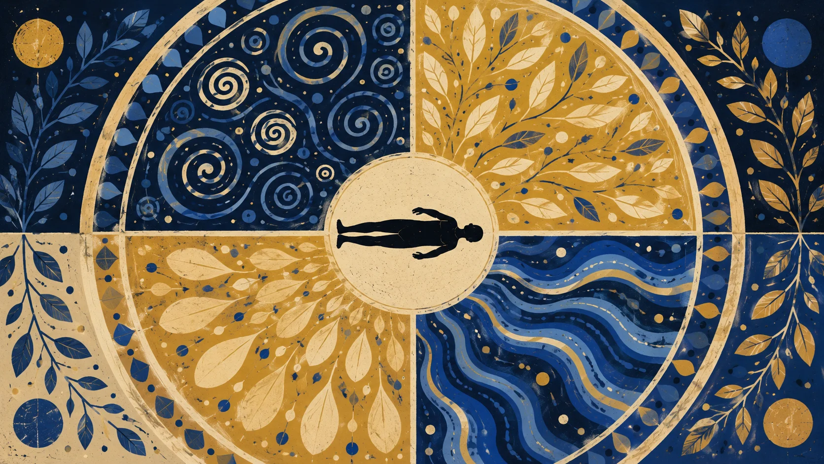 Vue de dessus d'une silhouette au centre d'un mandala à quatre quadrants de motifs organiques distincts, cobalt, or et ivoire
