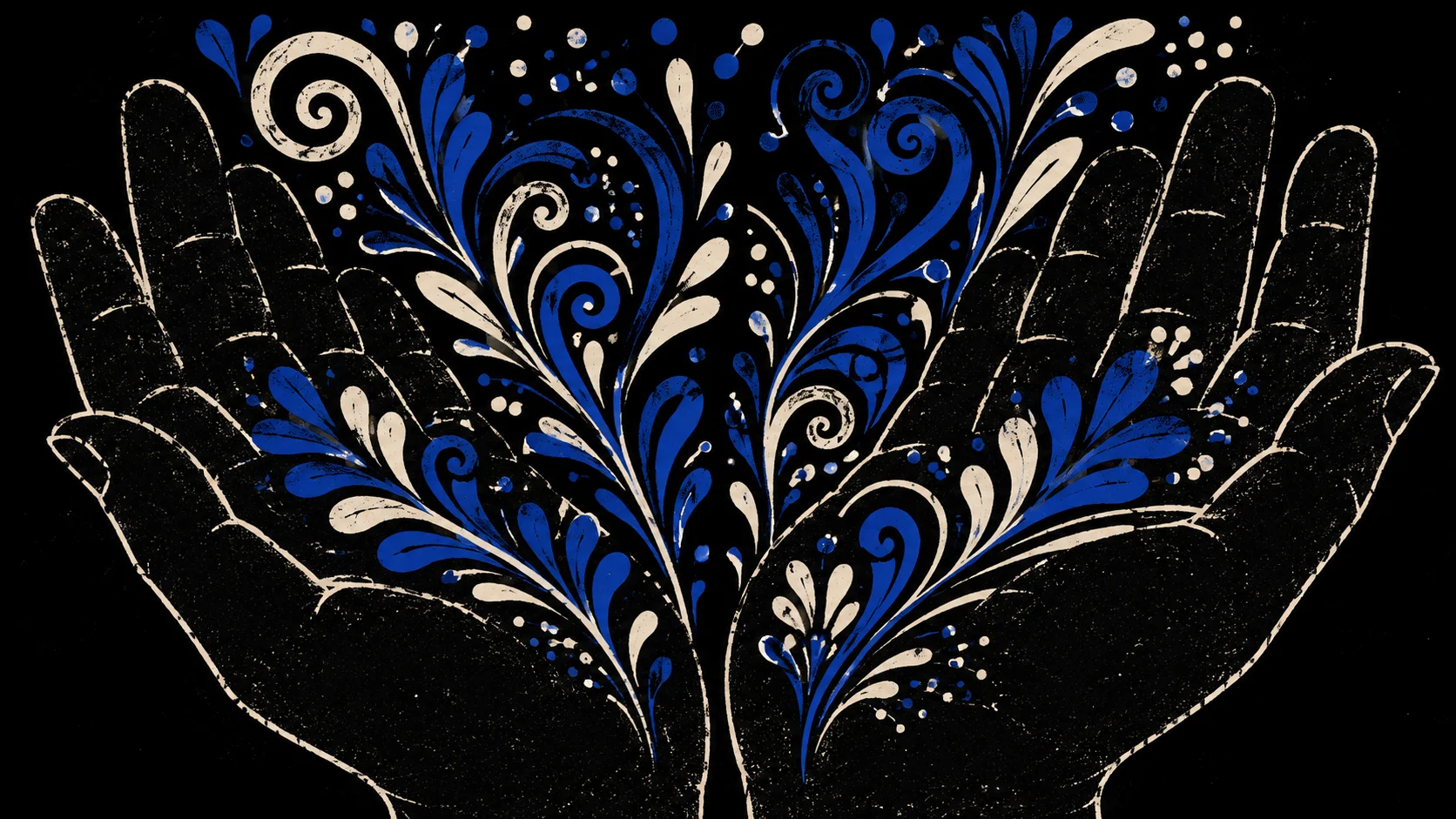 Gros plan sur deux mains ouvertes en silhouette noire d'où jaillissent des motifs organiques tourbillonnants, sur fond sombre