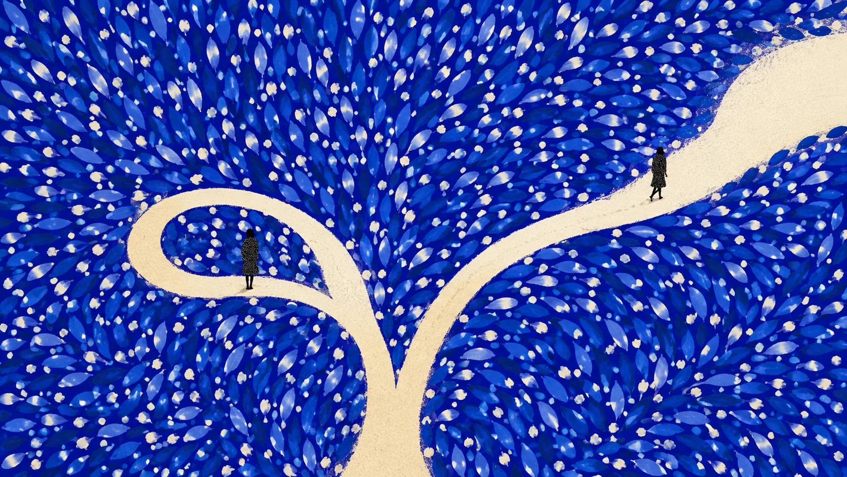 Deux chemins divergeant dans un paysage de motifs bleus, symbole de deux façons de traverser l'épreuve