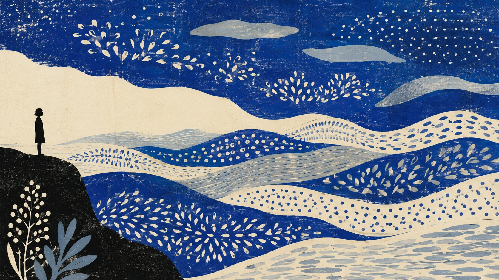 Silhouette humaine en profil à gauche du cadre, face à un vaste espace liquide ondulant, motifs organiques bleu cobalt et ivoire