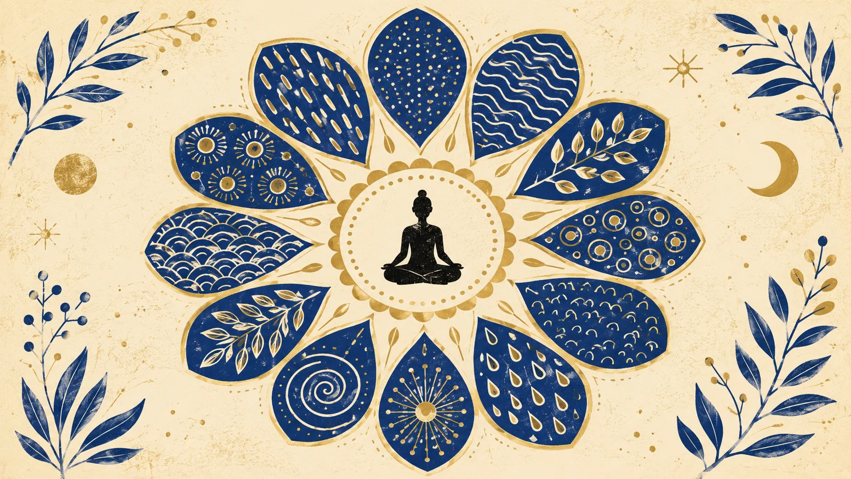 Vue de dessus d'une silhouette au centre d'un mandala à 12 pétales organiques cobalt sur fond ivoire, représentant les 12 signes de l'éveil spirituel
