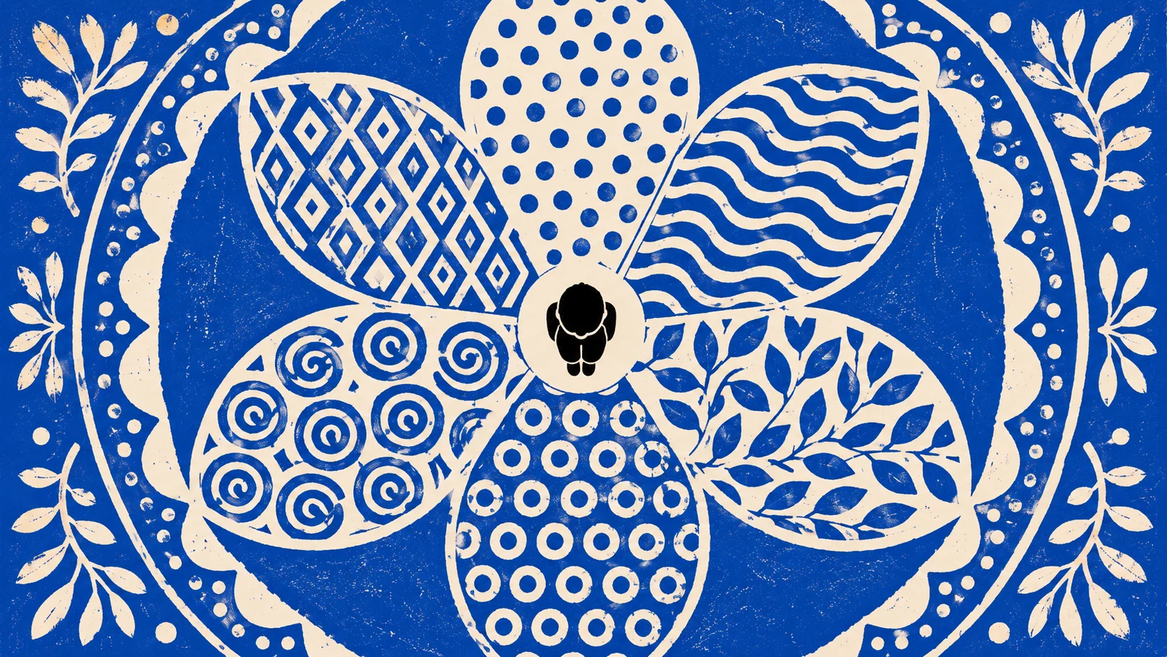 Vue aérienne d'une silhouette au centre d'un mandala à cinq pétales de motifs organiques cobalt, symbole des dimensions de la spiritualité