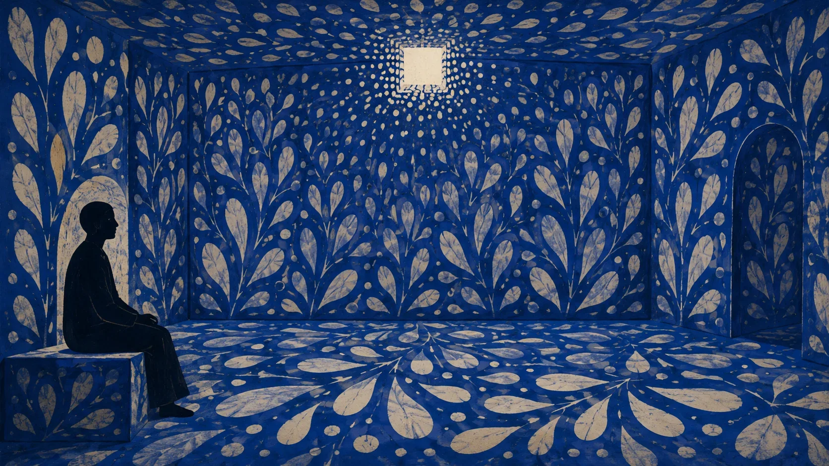 Silhouette assise en méditation dans un espace intérieur entièrement recouvert de motifs organiques bleus, petite ouverture lumineuse en haut
