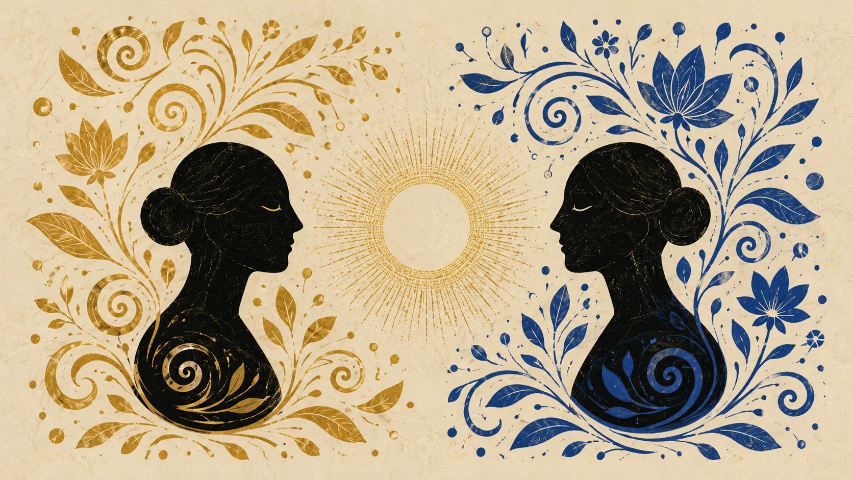 Deux silhouettes de part et d'autre d'un même halo de lumière au centre du cadre, motifs organiques dorés d'un côté et bleu cobalt de l'autre, fond ivoire-crème