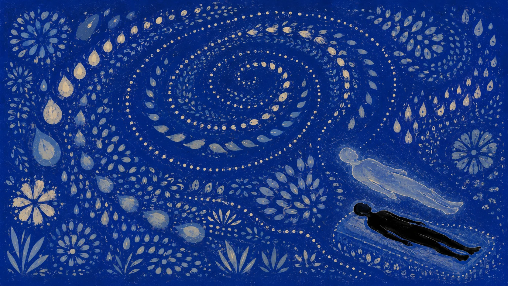 Silhouette allongée en bordure de cadre, double translucide qui s'en détache légèrement de biais, motifs organiques en spirale évoquant une salle d'opération stylisée