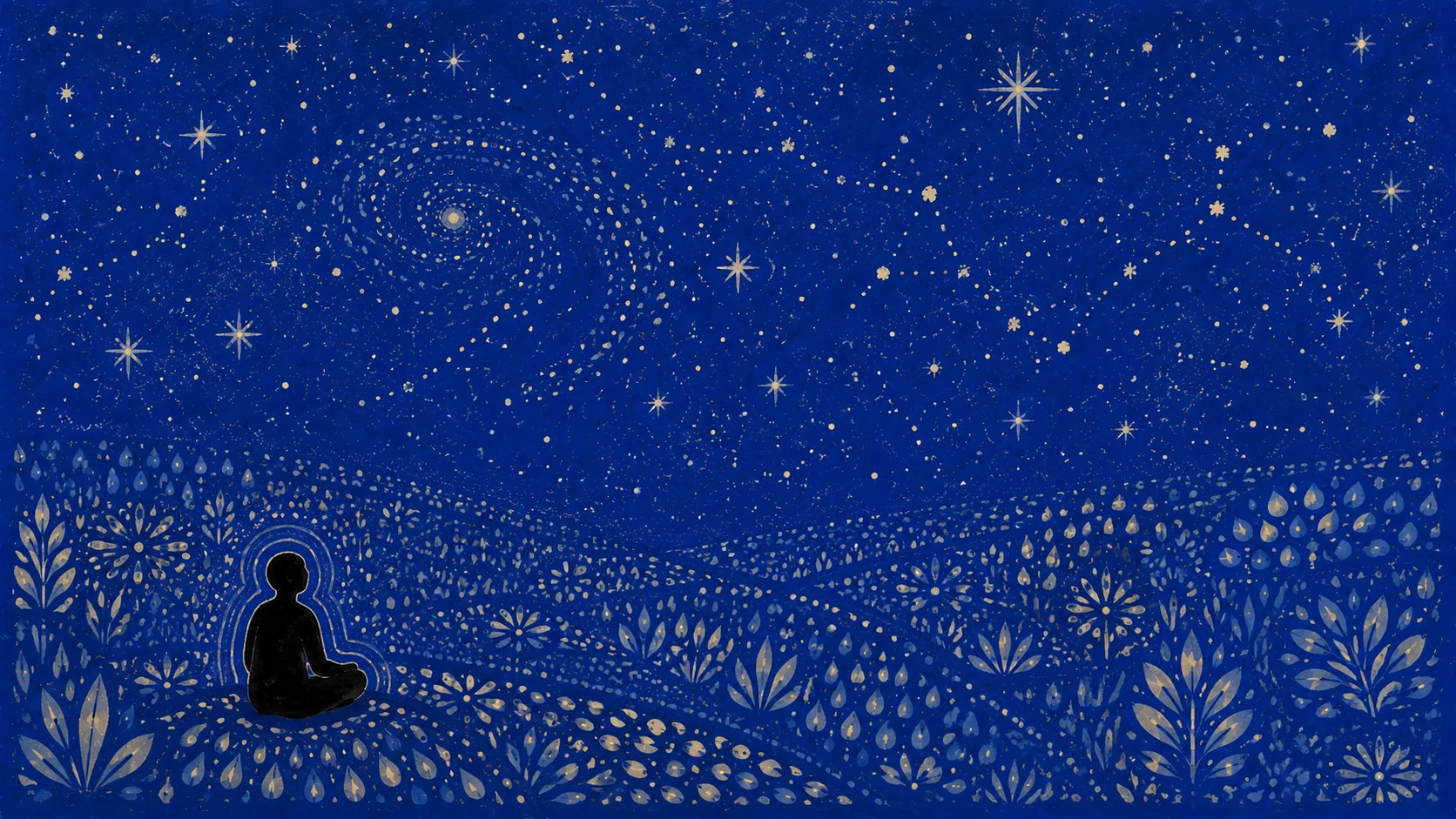Silhouette assise en bas à gauche du cadre, fin contour lumineux qui s'en détache, champ de motifs organiques bleu nuit sous un ciel étoilé