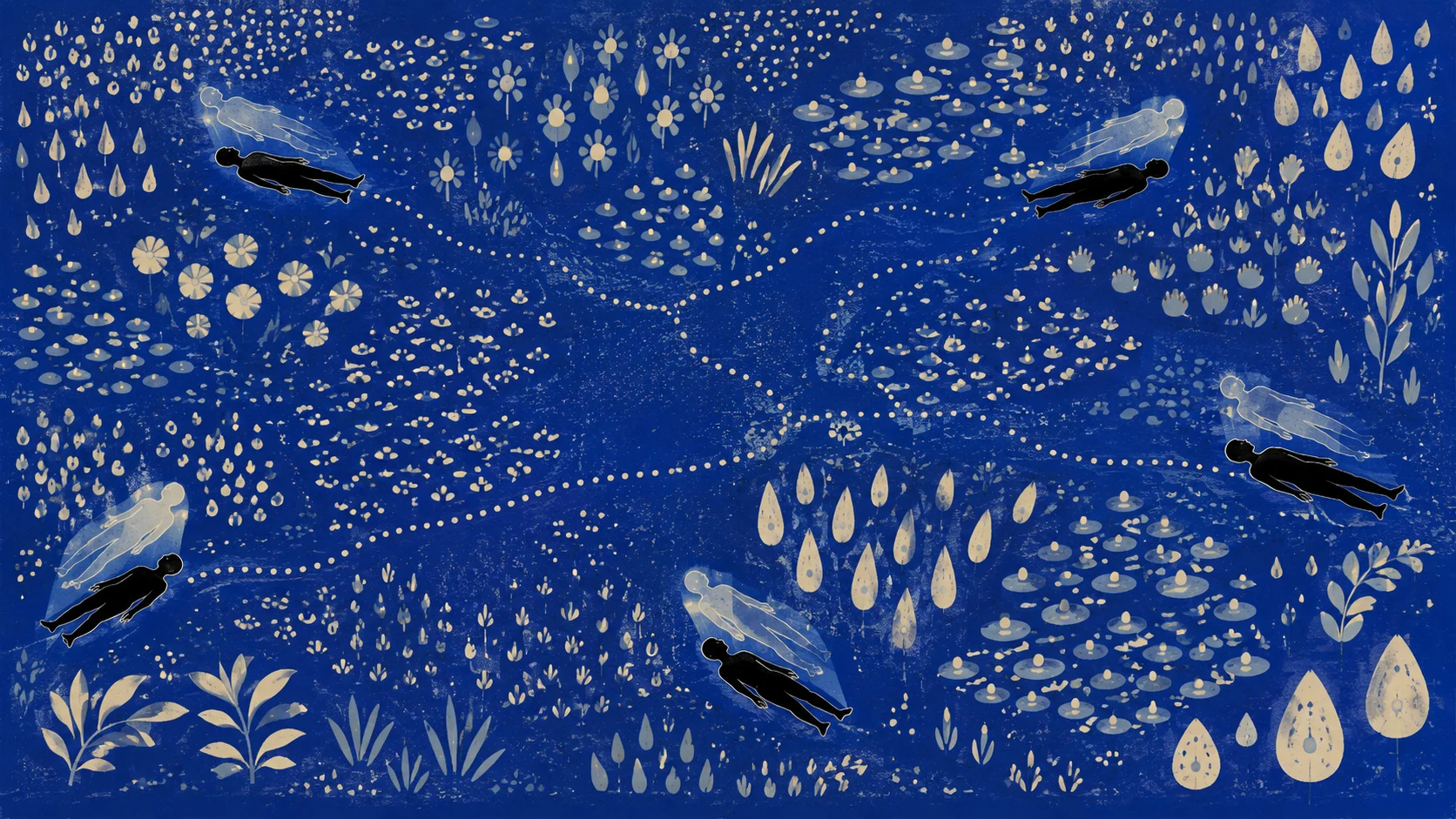 Plusieurs silhouettes allongées aux quatre coins d'un champ de motifs organiques bleus, chacune surmontée d'un double lumineux qui s'élève légèrement, reliées par de fins pointillés