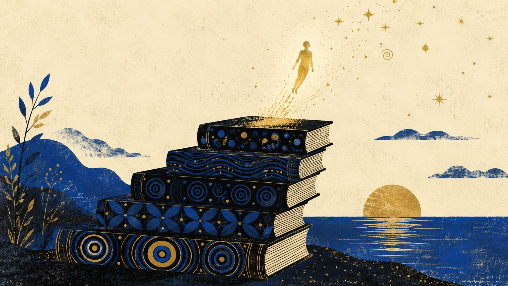 Cinq livres empilés en diagonale sur un champ de motifs organiques bleus, une silhouette lumineuse s'élevant discrètement du livre du sommet