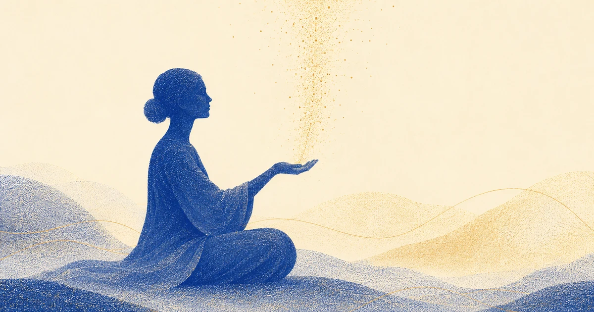 Silhouette assise en méditation, une main ouverte levée vers le ciel recevant un fin flux de particules dorées lumineuses, dégradé de cobalt, or et ivoire
