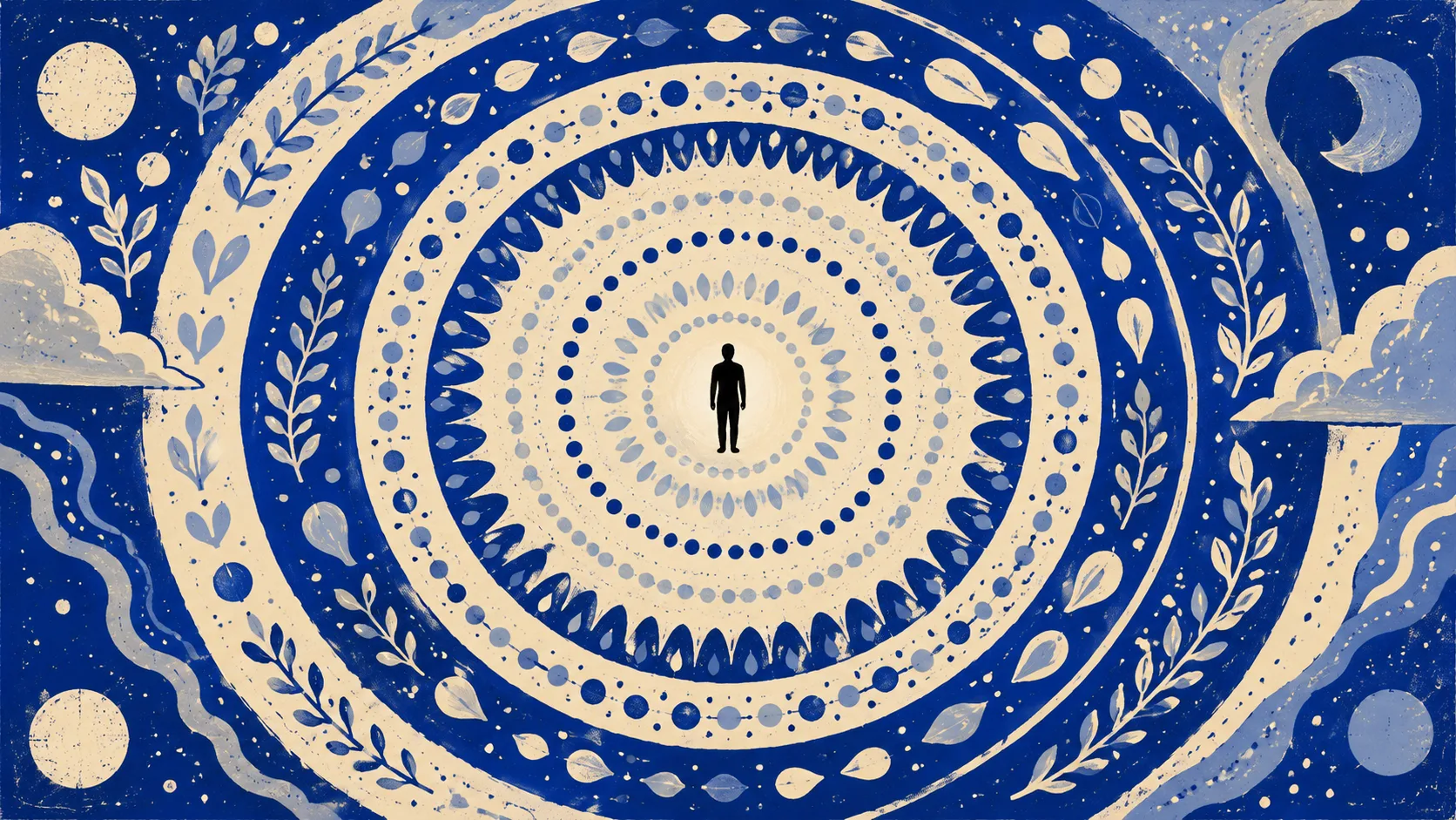 Vue de dessus d'une silhouette entourée d'un flux de motifs circulaires lumineux se propageant comme des ondes sur fond bleu cobalt et ivoire